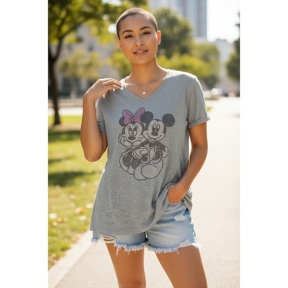 Disney Tops - Disney Mickey and Minnie Mouse Rhinestone V Neck‎ T Shirt Women's Grey XL (4)